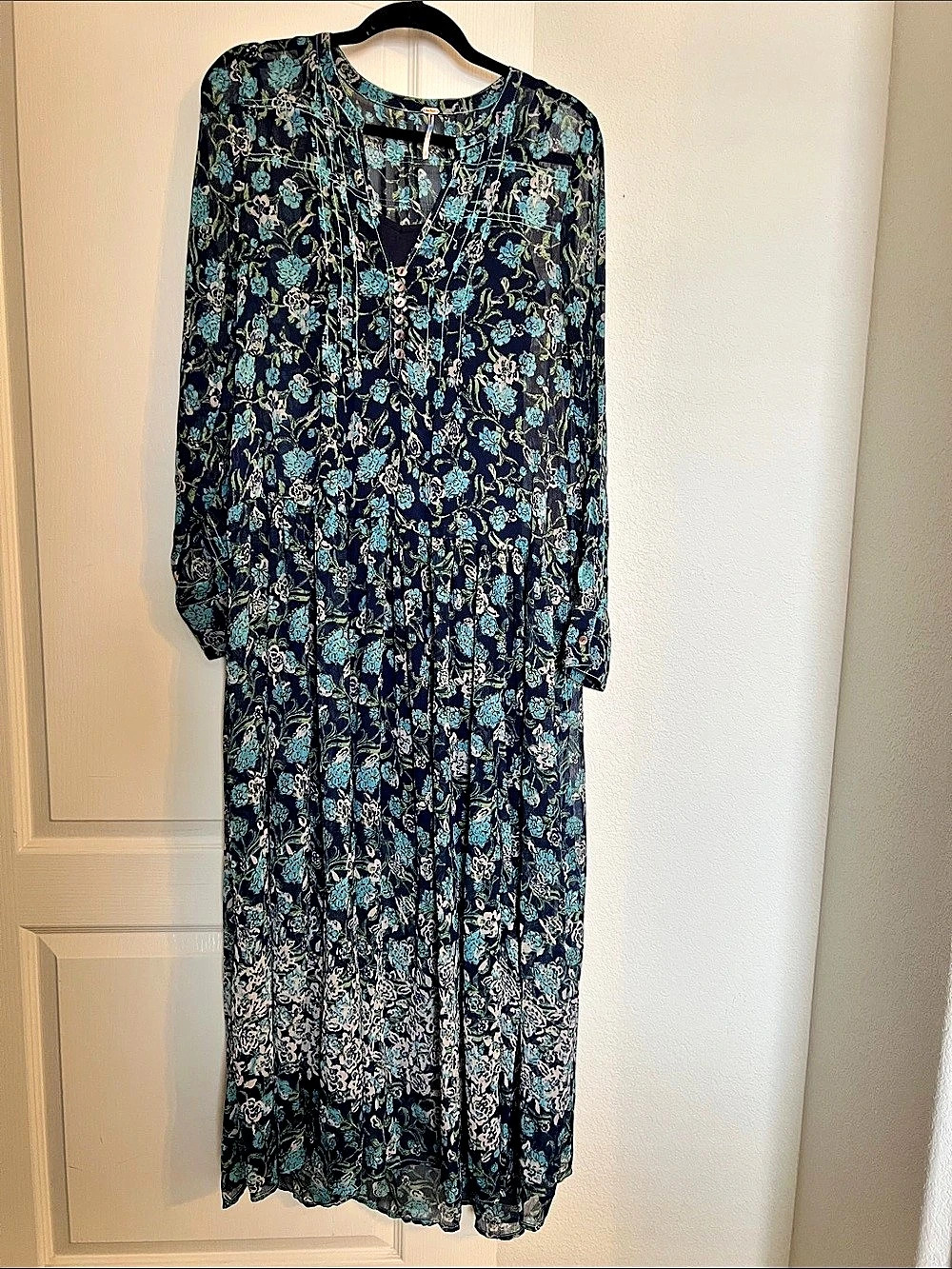 Free People See It Through Floral Long Sleeve Maxi Dress Blue & Black Small